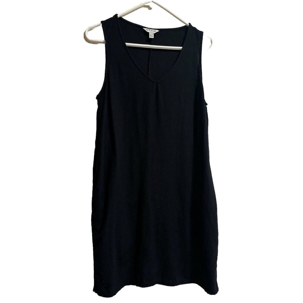 Orvis Midi Dress Linen Blend Black Modest Boho Lagenlook Prairie Women’s Size S